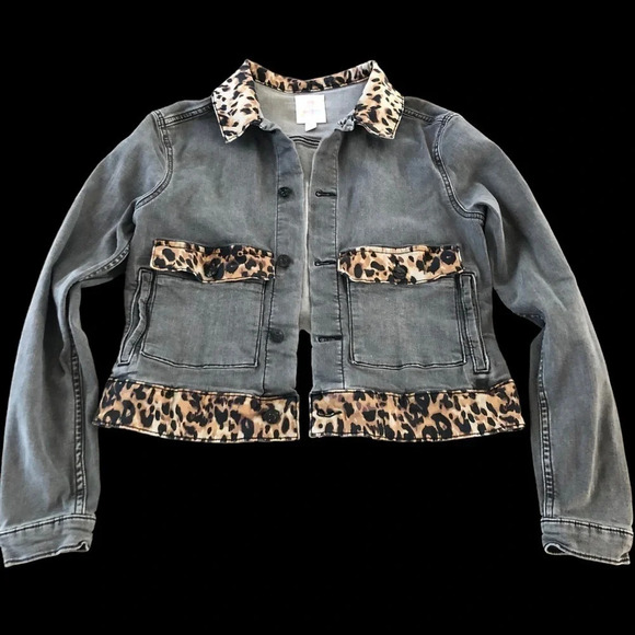 LuLaRoe Womens Small Kenny Leopard Trim Denim Jean Jacket Gray Stretch Fall - Picture 1 of 5